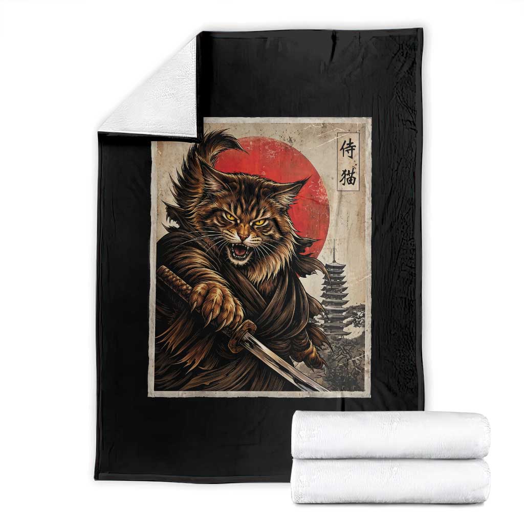 Japanese Maine Coon Samurai Warrior Throw Blanket Vintage Ukiyoe Cat TS12 Black Print Your Wear
