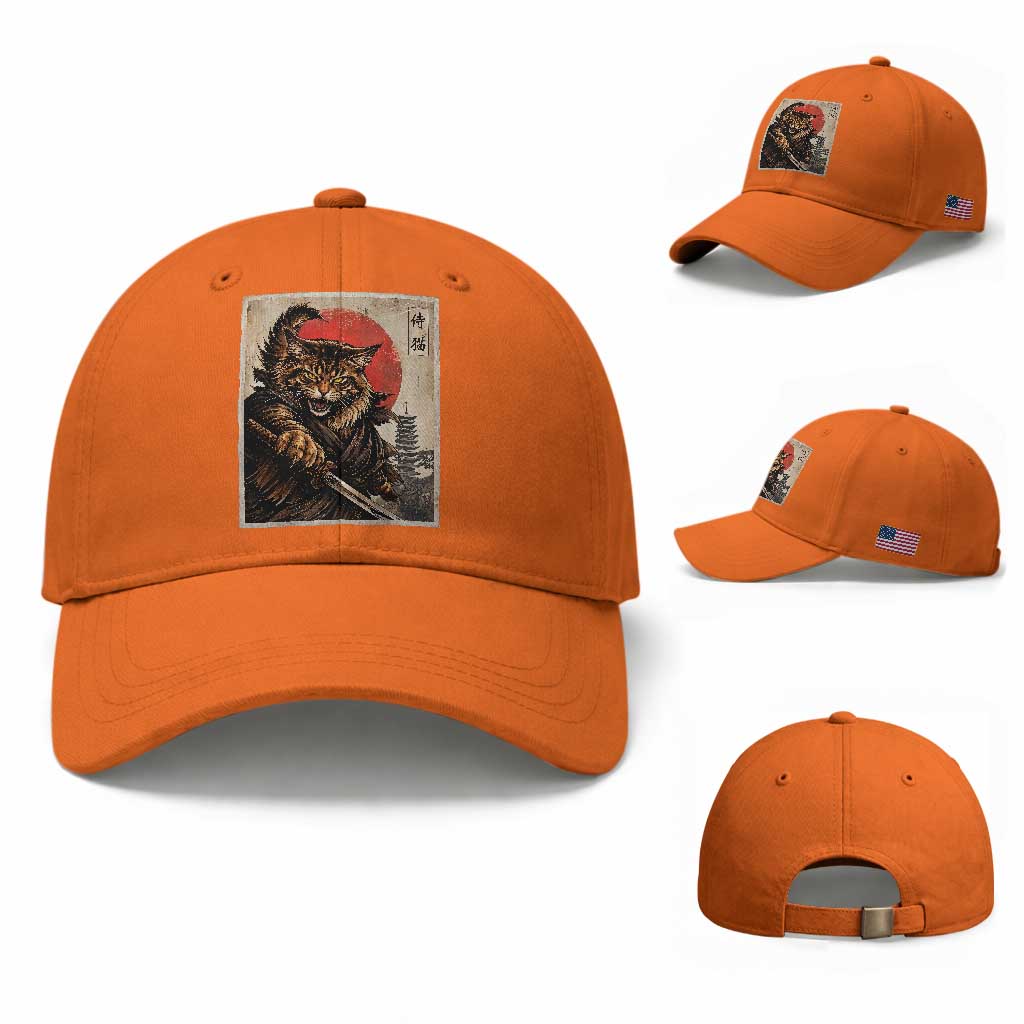 Japanese Maine Coon Samurai Warrior Baseball Cap Vintage Ukiyoe Cat TS12 Baseball Cap Universal Fit Orange Print Your Wear