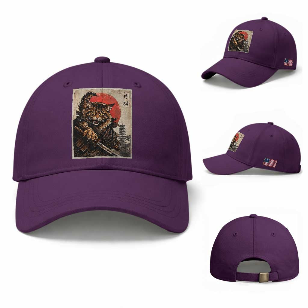Japanese Maine Coon Samurai Warrior Baseball Cap Vintage Ukiyoe Cat TS12 Baseball Cap Universal Fit Purple Print Your Wear