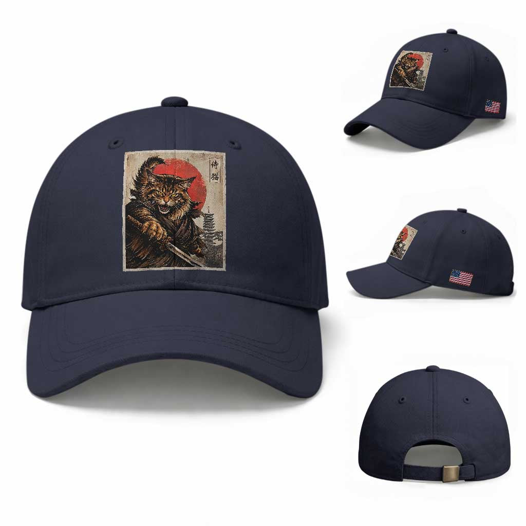 Japanese Maine Coon Samurai Warrior Baseball Cap Vintage Ukiyoe Cat TS12 Baseball Cap Universal Fit Navy Print Your Wear