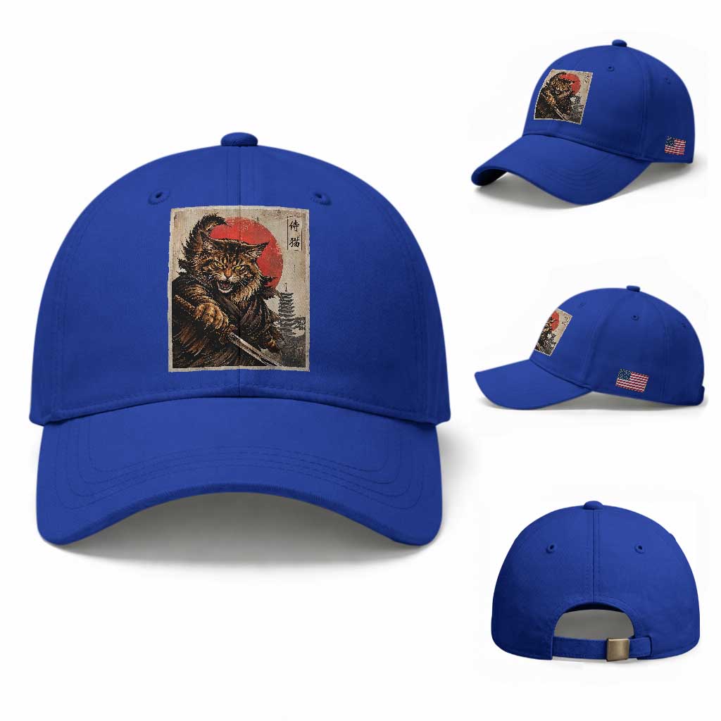 Japanese Maine Coon Samurai Warrior Baseball Cap Vintage Ukiyoe Cat TS12 Baseball Cap Universal Fit Royal Blue Print Your Wear