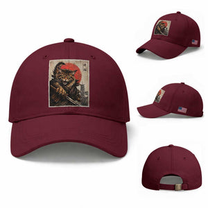 Japanese Maine Coon Samurai Warrior Baseball Cap Vintage Ukiyoe Cat TS12 Baseball Cap Universal Fit Maroon Print Your Wear
