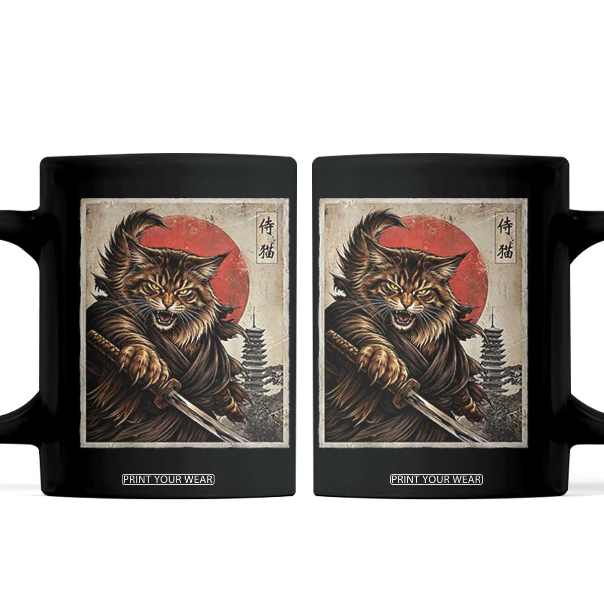 Japanese Maine Coon Samurai Warrior Coffee Mug Vintage Ukiyoe Cat TS12 Black Print Your Wear