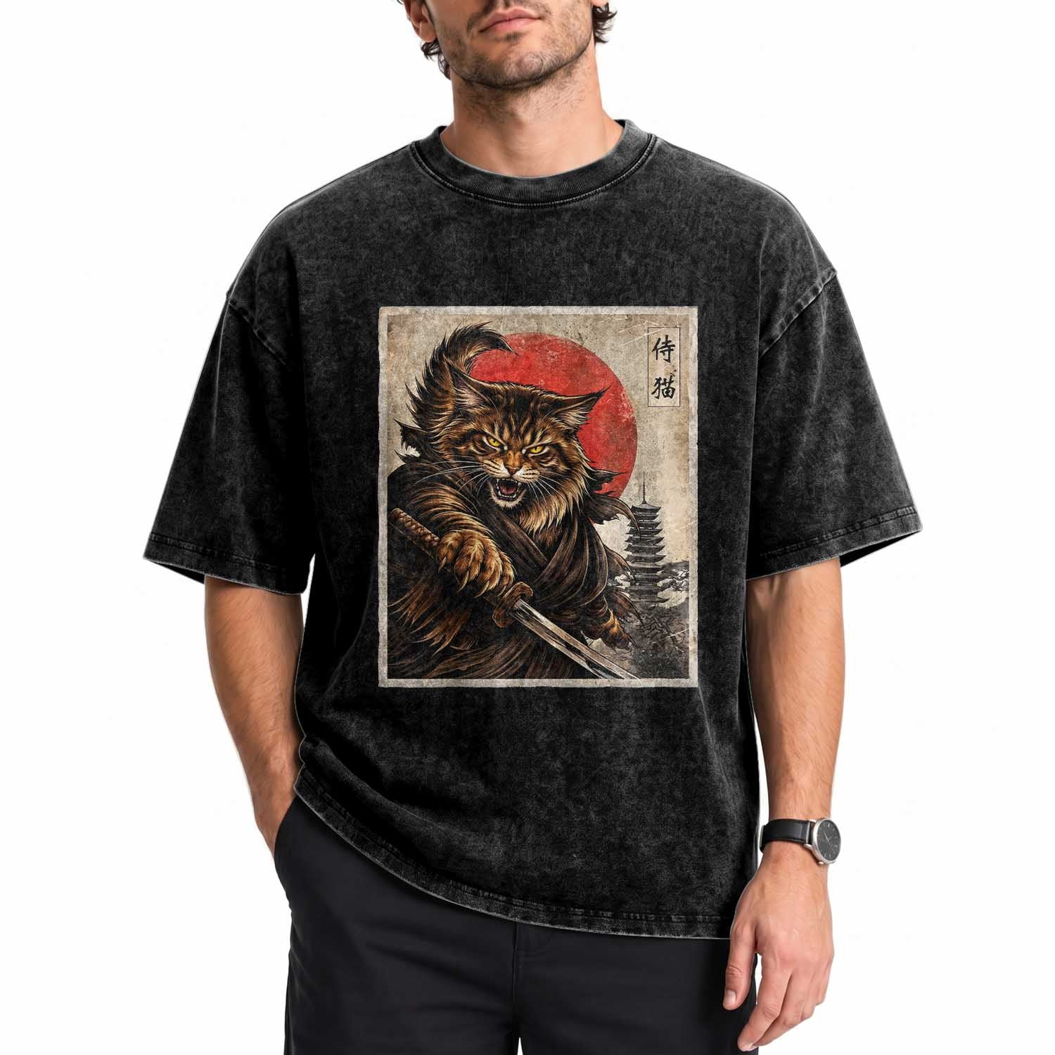 Japanese Maine Coon Samurai Warrior Washed Cotton T-Shirt Vintage Ukiyoe Cat