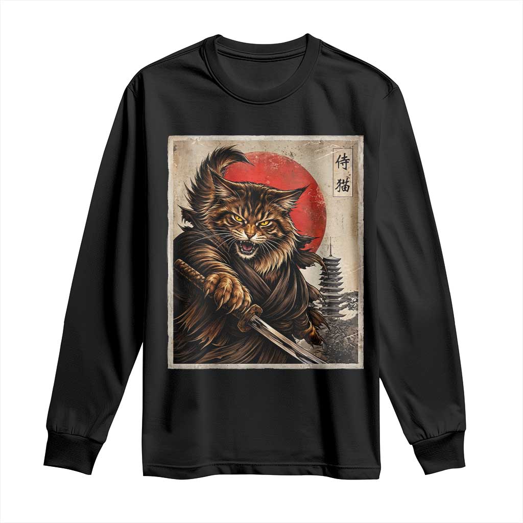 Japanese Maine Coon Samurai Warrior Long Sleeve Shirt Vintage Ukiyoe Cat TS12 Black Print Your Wear
