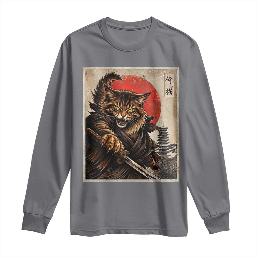 Japanese Maine Coon Samurai Warrior Long Sleeve Shirt Vintage Ukiyoe Cat TS12 Charcoal Print Your Wear