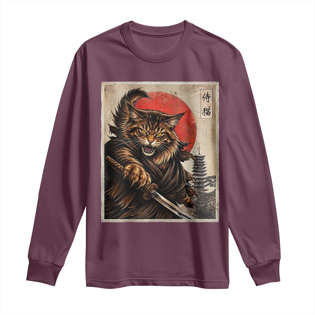 Japanese Maine Coon Samurai Warrior Long Sleeve Shirt Vintage Ukiyoe Cat TS12 Maroon Print Your Wear
