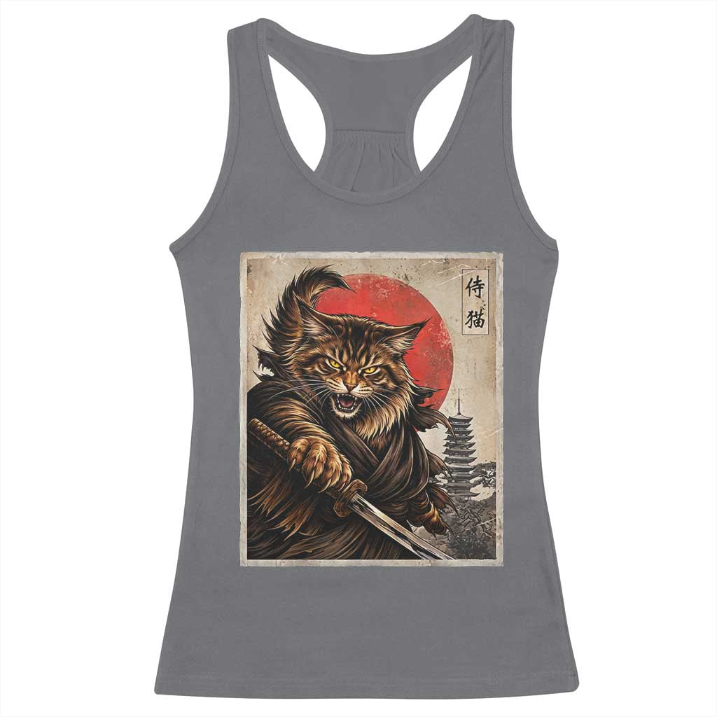 Japanese Maine Coon Samurai Warrior Racerback Tank Top Vintage Ukiyoe Cat TS12 Charcoal Print Your Wear
