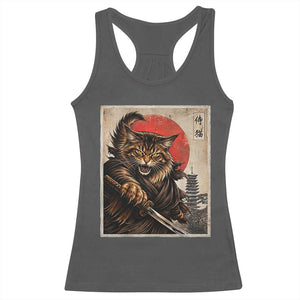 Japanese Maine Coon Samurai Warrior Racerback Tank Top Vintage Ukiyoe Cat TS12 Dark Heather Print Your Wear