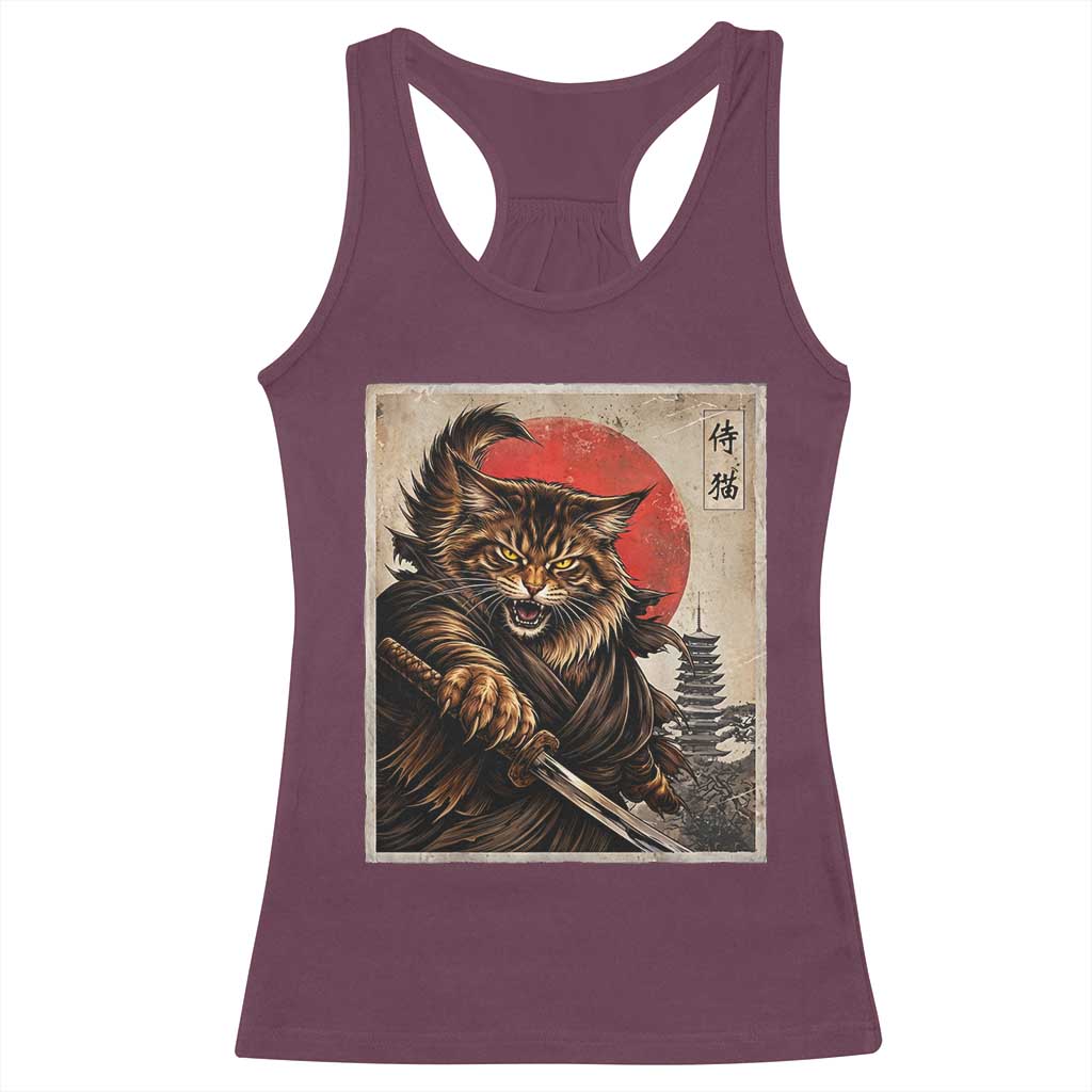 Japanese Maine Coon Samurai Warrior Racerback Tank Top Vintage Ukiyoe Cat TS12 Maroon Print Your Wear