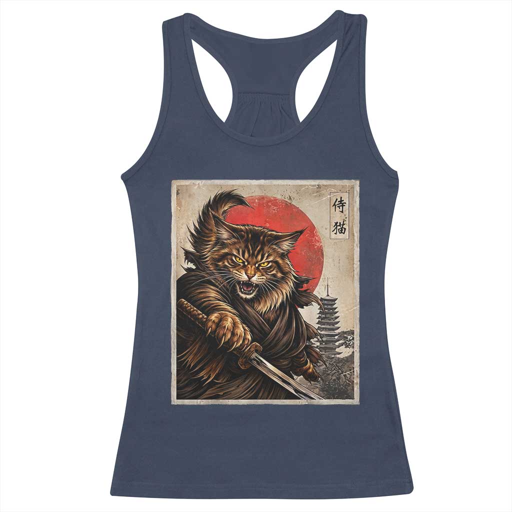 Japanese Maine Coon Samurai Warrior Racerback Tank Top Vintage Ukiyoe Cat TS12 Navy Print Your Wear