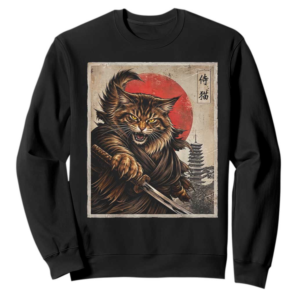 Japanese Maine Coon Samurai Warrior Sweatshirt Vintage Ukiyoe Cat TS12 Black Print Your Wear