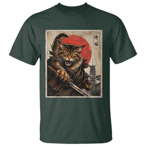 Japanese Maine Coon Samurai Warrior T Shirt Vintage Ukiyoe Cat TS12 Dark Forest Green Print Your Wear