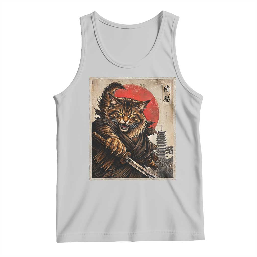 Japanese Maine Coon Samurai Warrior Tank Top Vintage Ukiyoe Cat TS12 Ash Print Your Wear