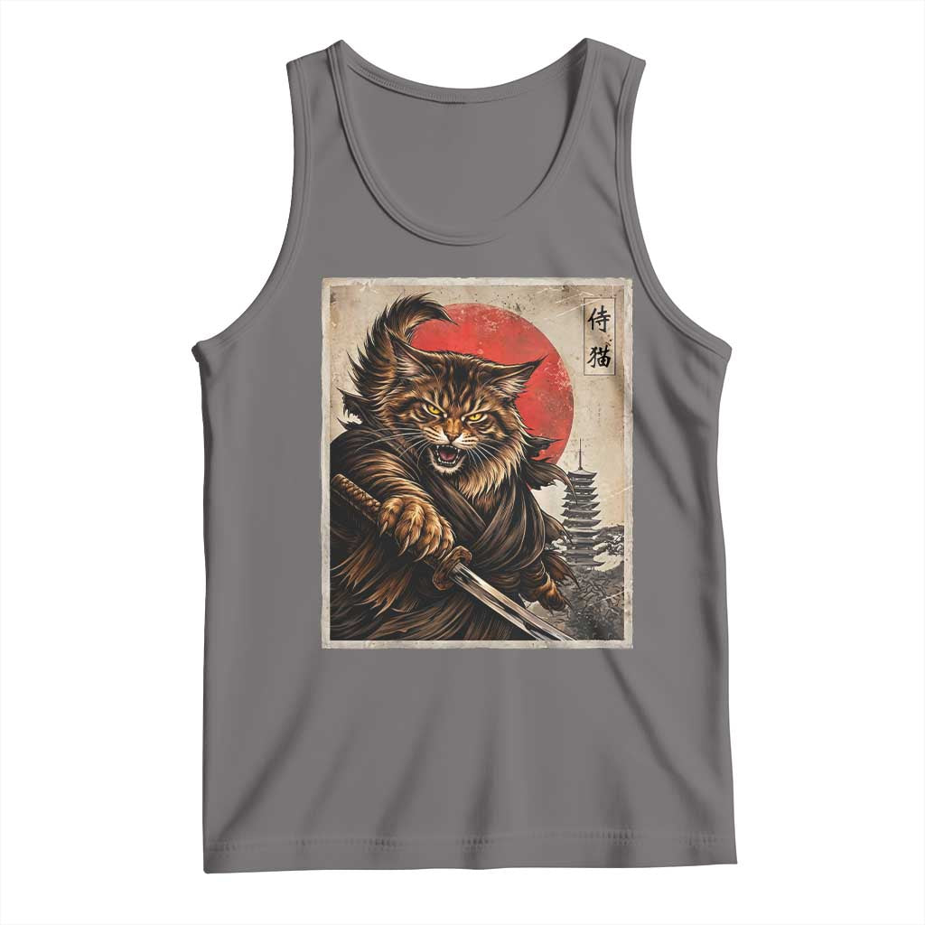 Japanese Maine Coon Samurai Warrior Tank Top Vintage Ukiyoe Cat TS12 Deep Heather Print Your Wear