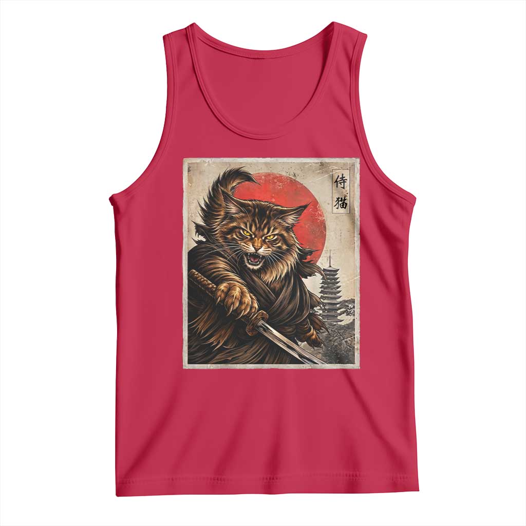 Japanese Maine Coon Samurai Warrior Tank Top Vintage Ukiyoe Cat TS12 Red Print Your Wear