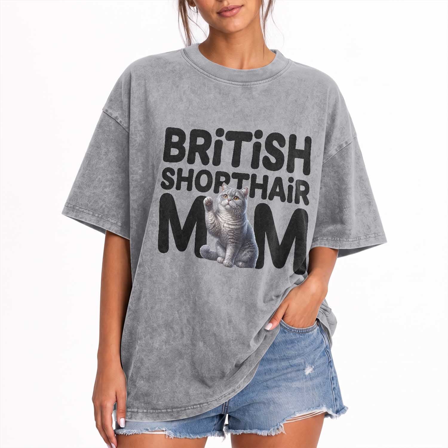 British Shorthair Mom Life Washed Cotton T-Shirt Mothers Day Cat Mom Gift