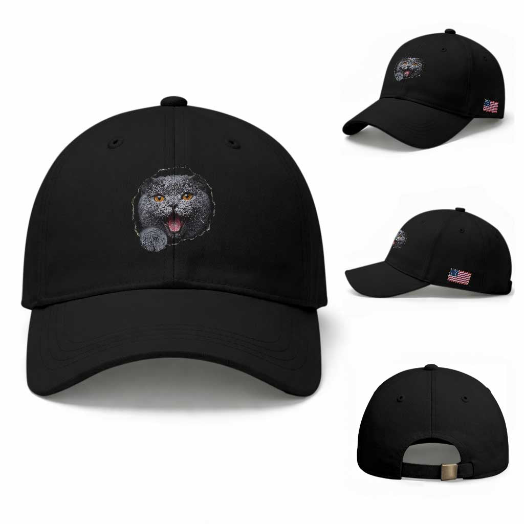 Cute British Shorthair Cat Peeking Through Cracked Wall Baseball Cap TS12 Baseball Cap Universal Fit Black Print Your Wear