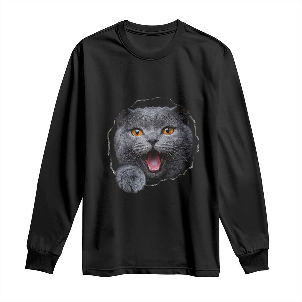 Cute British Shorthair Cat Peeking Through Cracked Wall Long Sleeve Shirt TS12 Black Print Your Wear