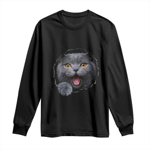 Cute British Shorthair Cat Peeking Through Cracked Wall Long Sleeve Shirt TS12 Black Print Your Wear