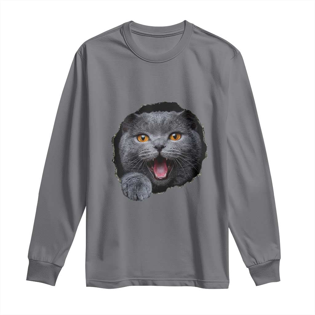 Cute British Shorthair Cat Peeking Through Cracked Wall Long Sleeve Shirt TS12 Charcoal Print Your Wear