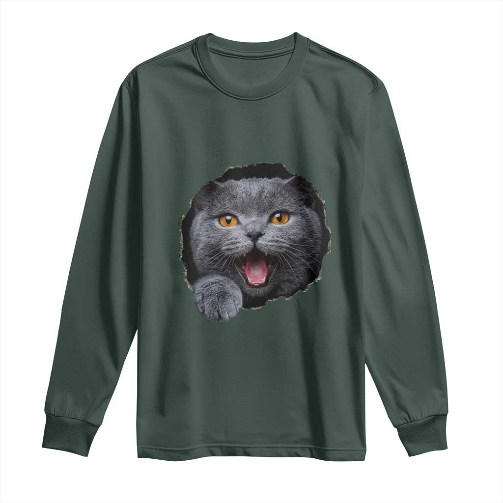 Cute British Shorthair Cat Peeking Through Cracked Wall Long Sleeve Shirt TS12 Dark Forest Green Print Your Wear