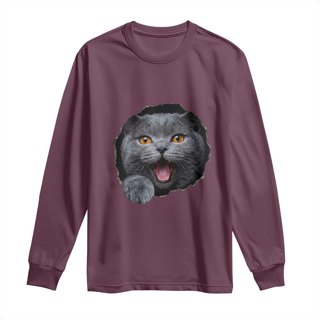 Cute British Shorthair Cat Peeking Through Cracked Wall Long Sleeve Shirt TS12 Maroon Print Your Wear
