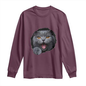 Cute British Shorthair Cat Peeking Through Cracked Wall Long Sleeve Shirt TS12 Maroon Print Your Wear