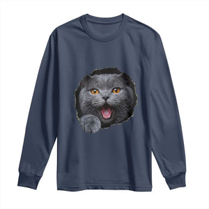 Cute British Shorthair Cat Peeking Through Cracked Wall Long Sleeve Shirt TS12 Navy Print Your Wear