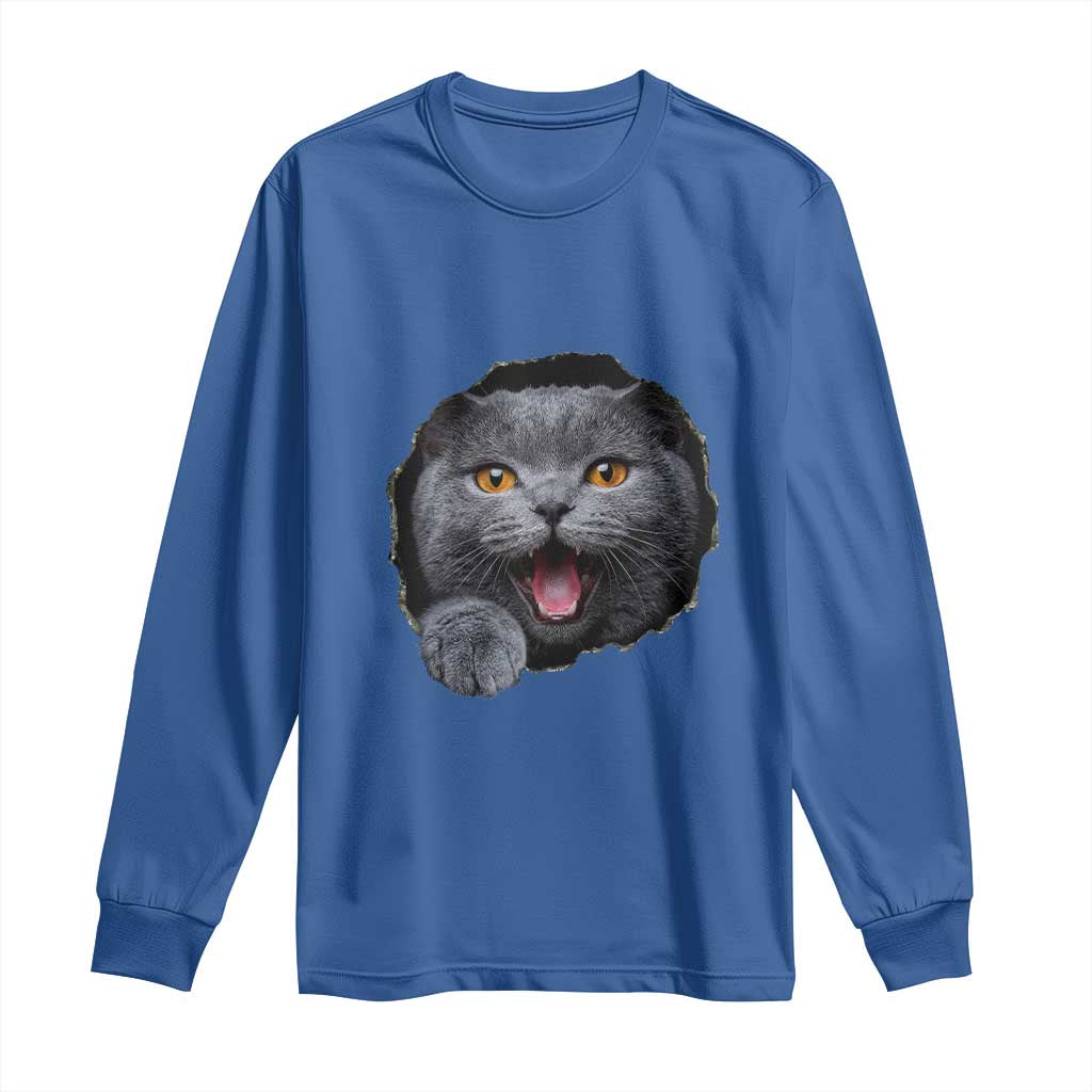 Cute British Shorthair Cat Peeking Through Cracked Wall Long Sleeve Shirt TS12 Royal Blue Print Your Wear