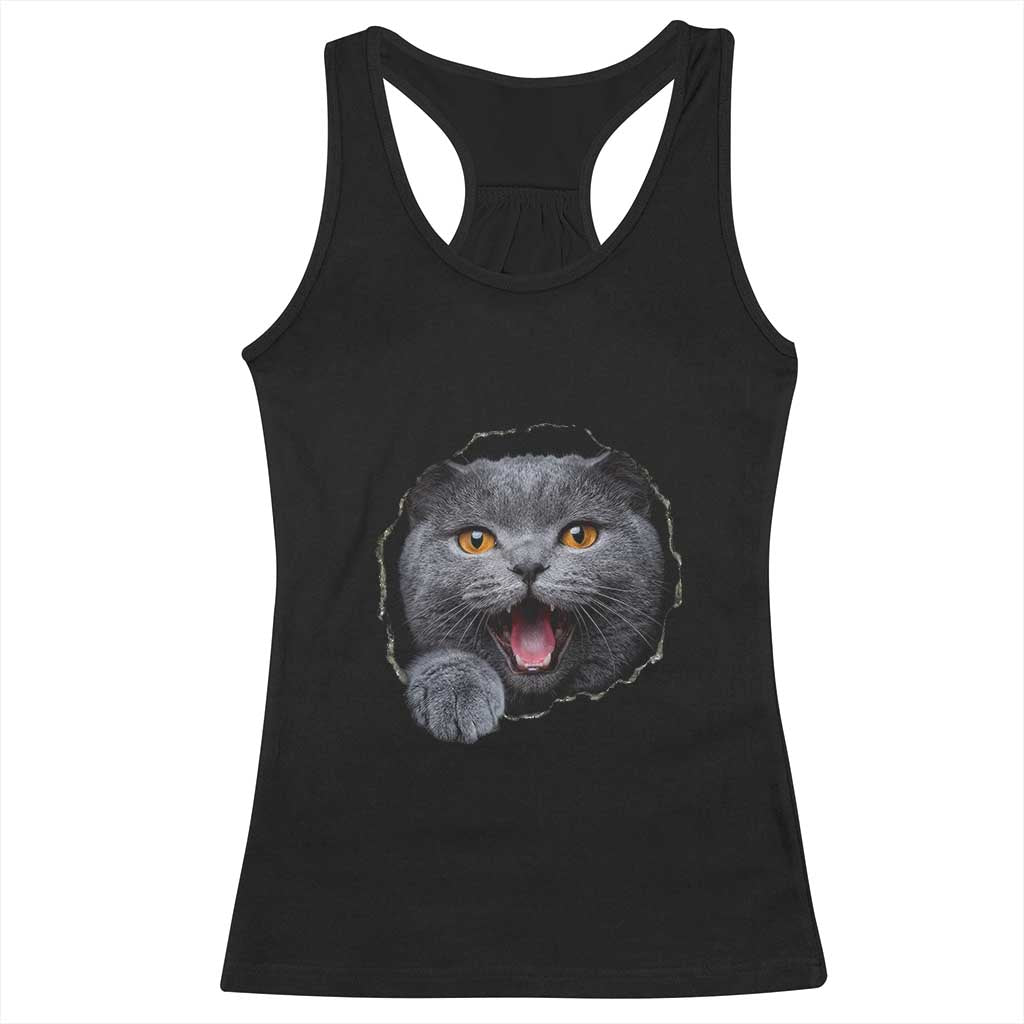 Cute British Shorthair Cat Peeking Through Cracked Wall Racerback Tank Top TS12 Black Print Your Wear