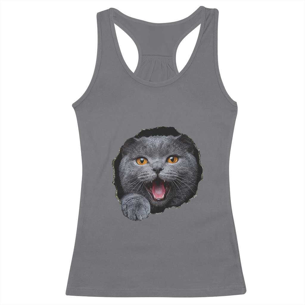 Cute British Shorthair Cat Peeking Through Cracked Wall Racerback Tank Top TS12 Charcoal Print Your Wear