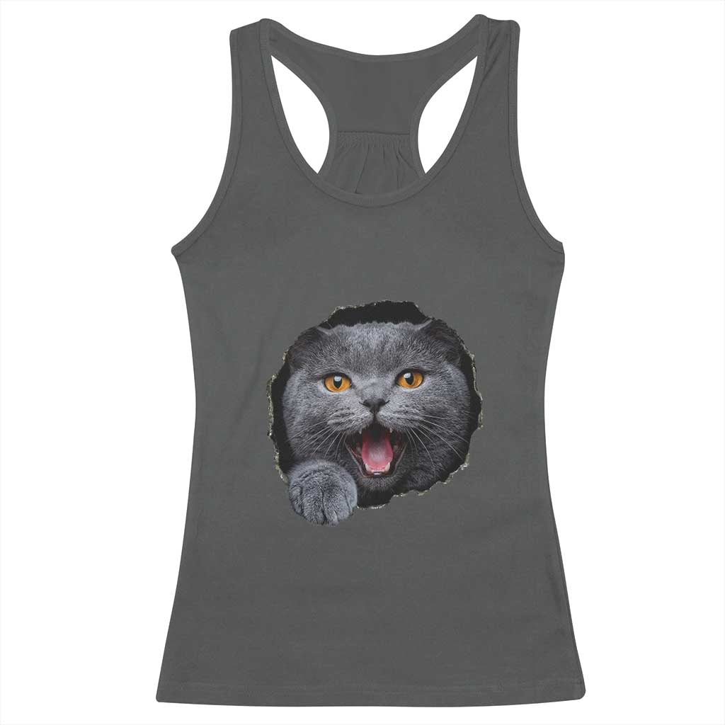 Cute British Shorthair Cat Peeking Through Cracked Wall Racerback Tank Top TS12 Dark Heather Print Your Wear
