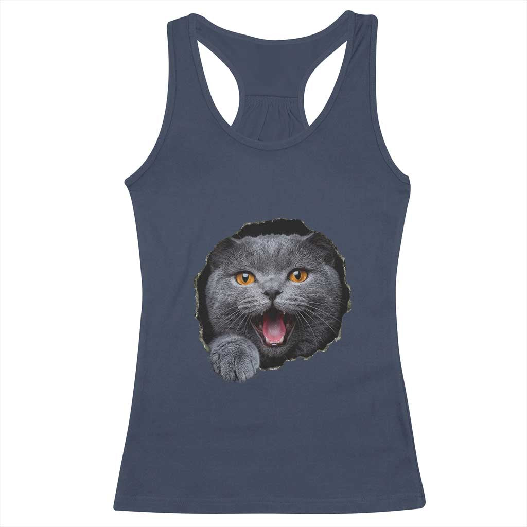 Cute British Shorthair Cat Peeking Through Cracked Wall Racerback Tank Top TS12 Navy Print Your Wear