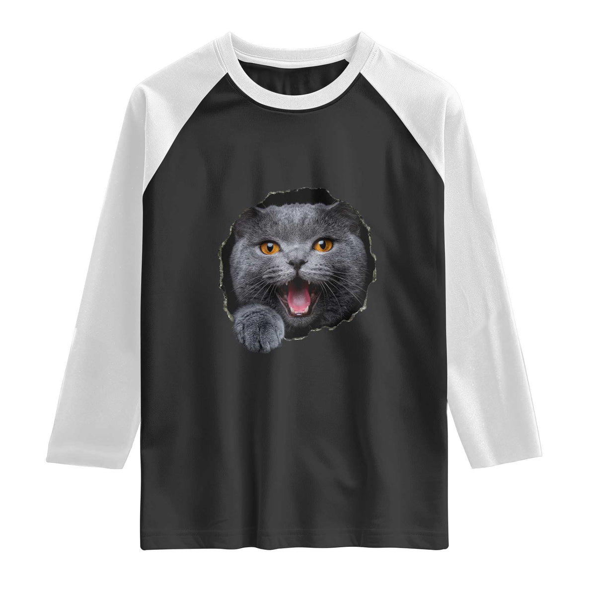 Cute British Shorthair Cat Peeking Through Cracked Wall Raglan Shirt TS12 Black White Print Your Wear