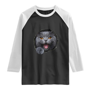 Cute British Shorthair Cat Peeking Through Cracked Wall Raglan Shirt TS12 Black White Print Your Wear