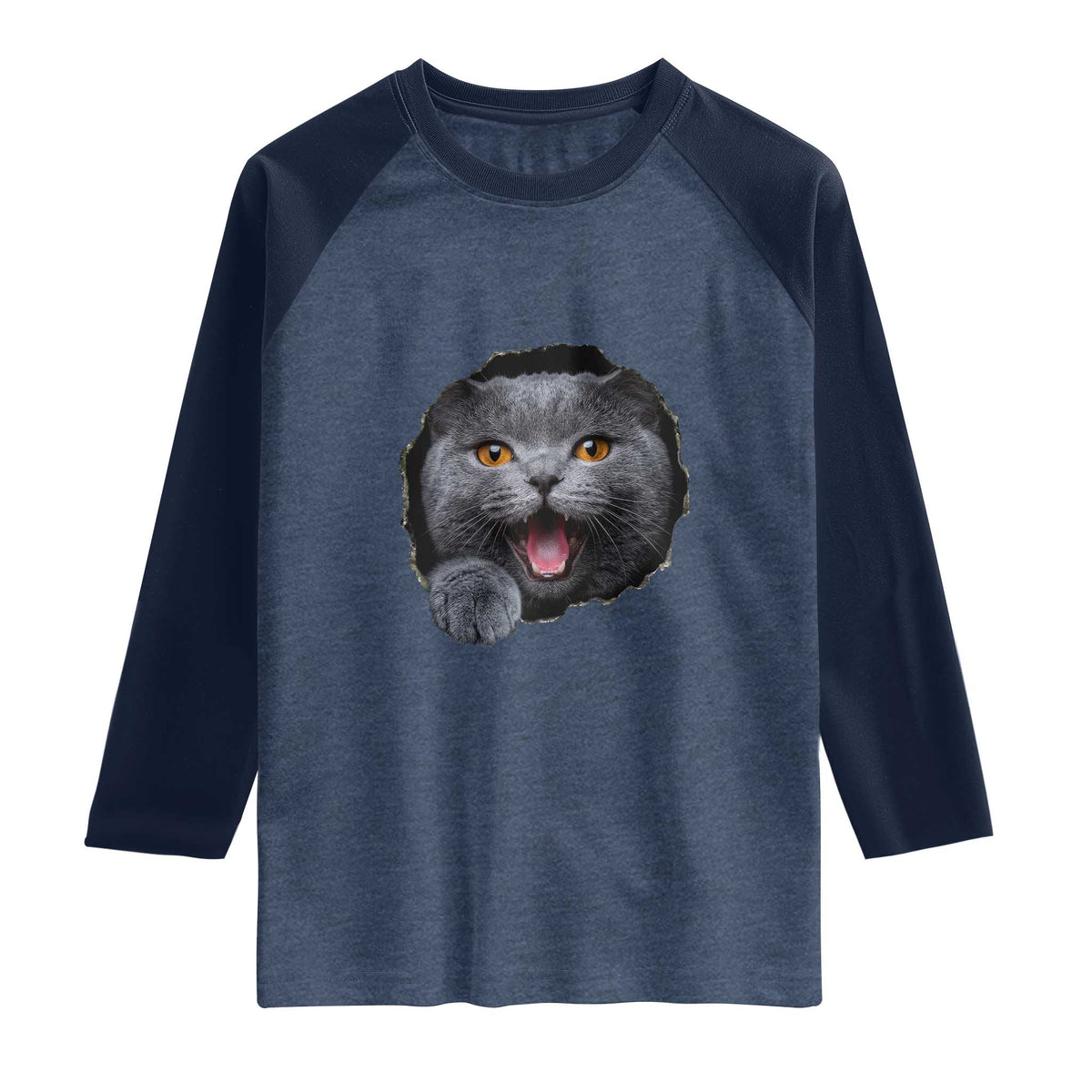 Cute British Shorthair Cat Peeking Through Cracked Wall Raglan Shirt TS12 Heather Denim Navy Print Your Wear