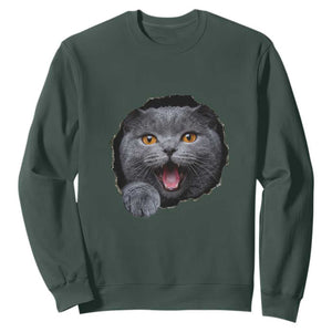 Cute British Shorthair Cat Peeking Through Cracked Wall Sweatshirt TS12 Dark Forest Green Print Your Wear
