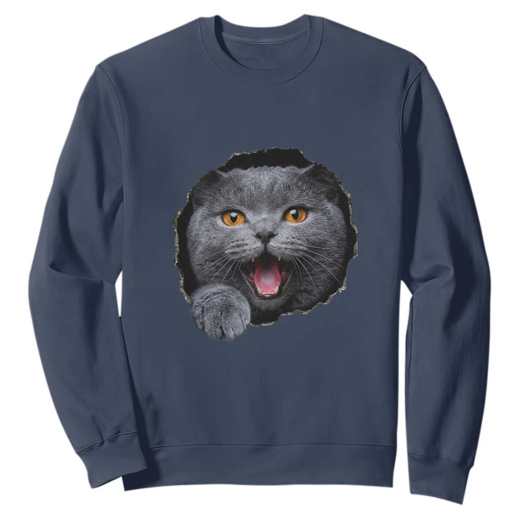 Cute British Shorthair Cat Peeking Through Cracked Wall Sweatshirt TS12 Navy Print Your Wear