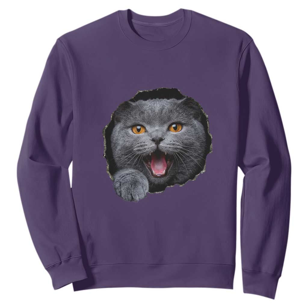 Cute British Shorthair Cat Peeking Through Cracked Wall Sweatshirt TS12 Purple Print Your Wear