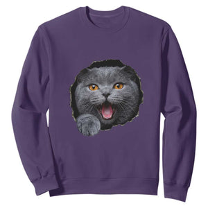 Cute British Shorthair Cat Peeking Through Cracked Wall Sweatshirt TS12 Purple Print Your Wear