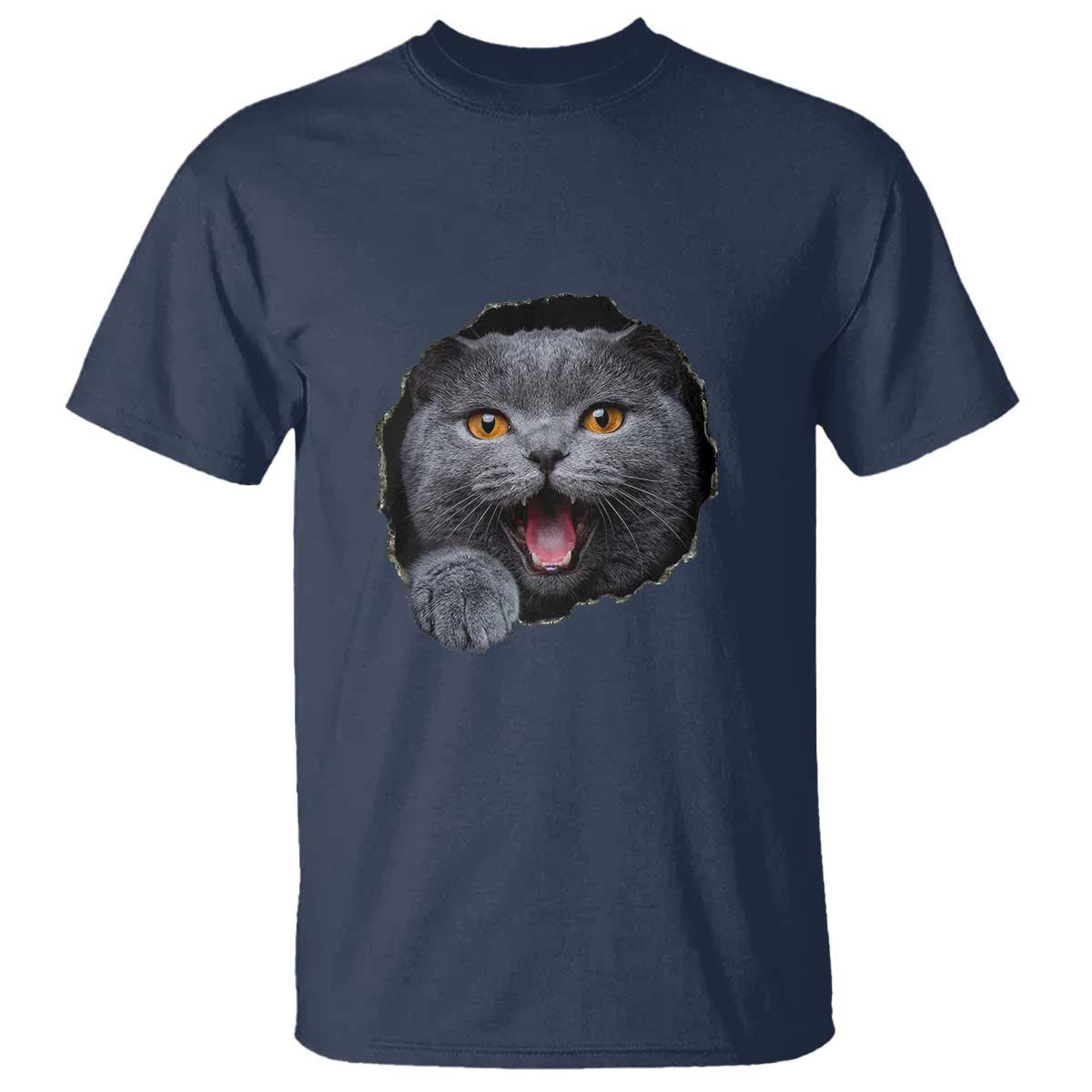 Cute British Shorthair Cat Peeking Through Cracked Wall T Shirt TS12 Navy Print Your Wear