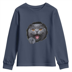 Cute British Shorthair Cat Peeking Through Cracked Wall Youth Sweatshirt TS12 Navy Print Your Wear