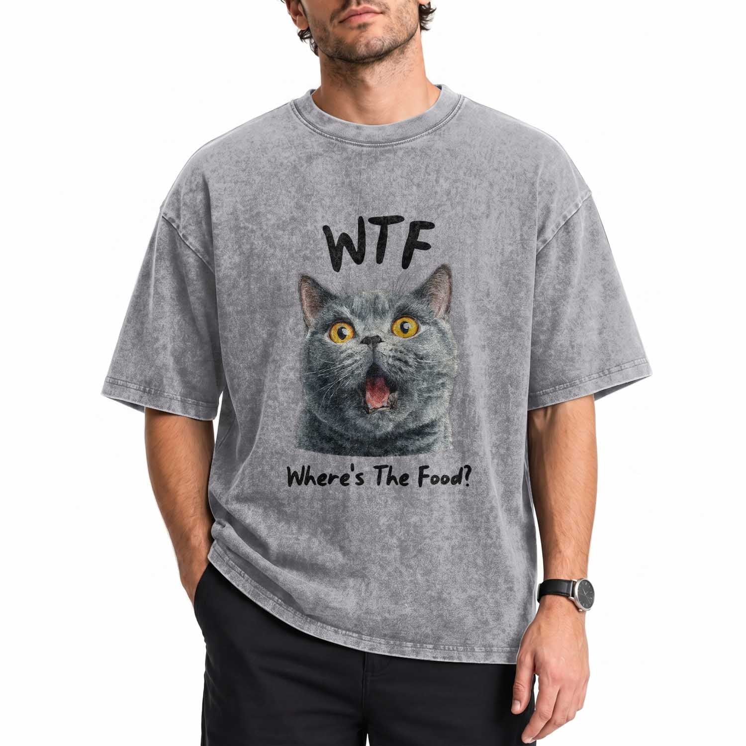 Funny Shocked British Shorthair Cat Washed Cotton T-Shirt Where Is The Food
