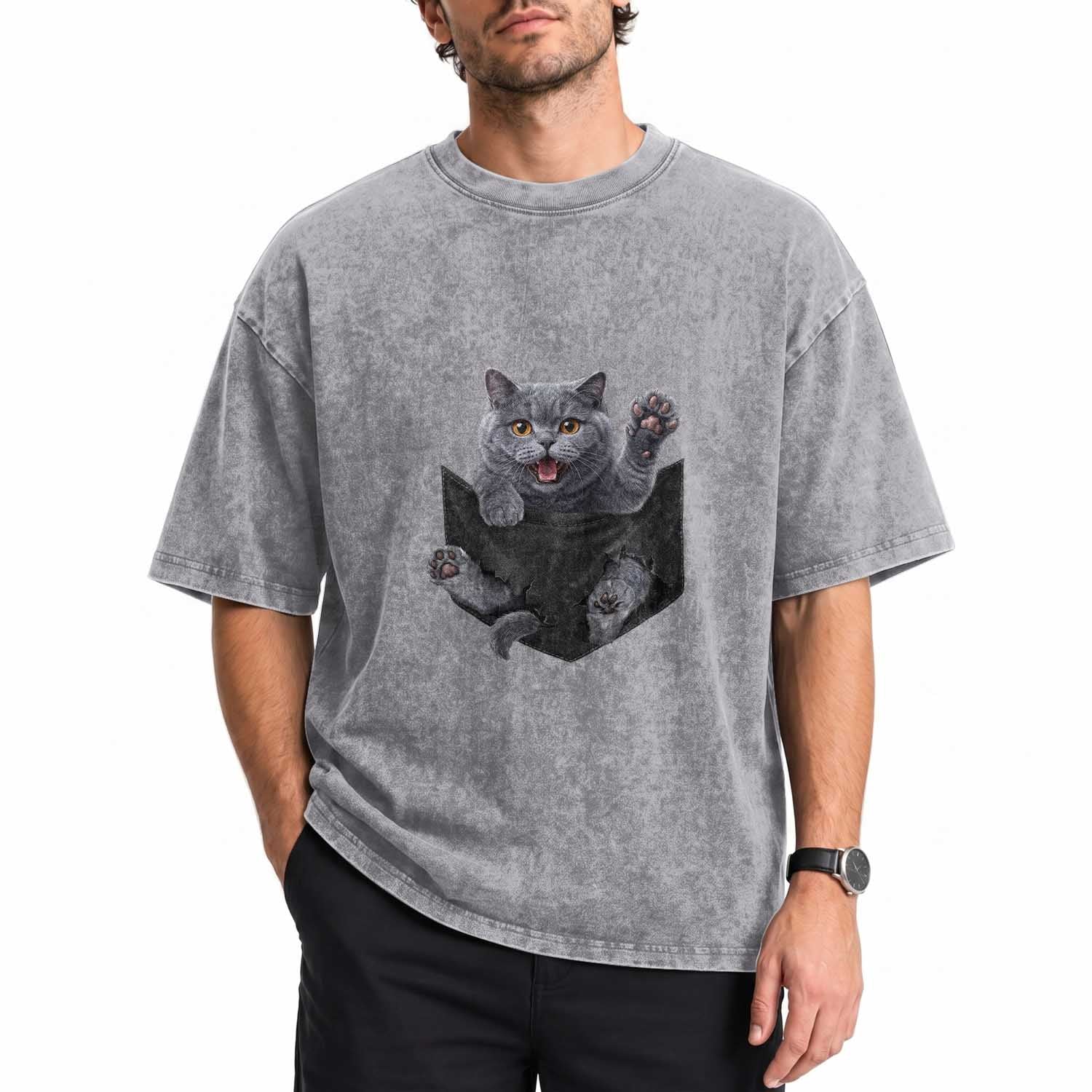 Cute British Shorthair Cat In Pocket Washed Cotton T-Shirt Cat Lover