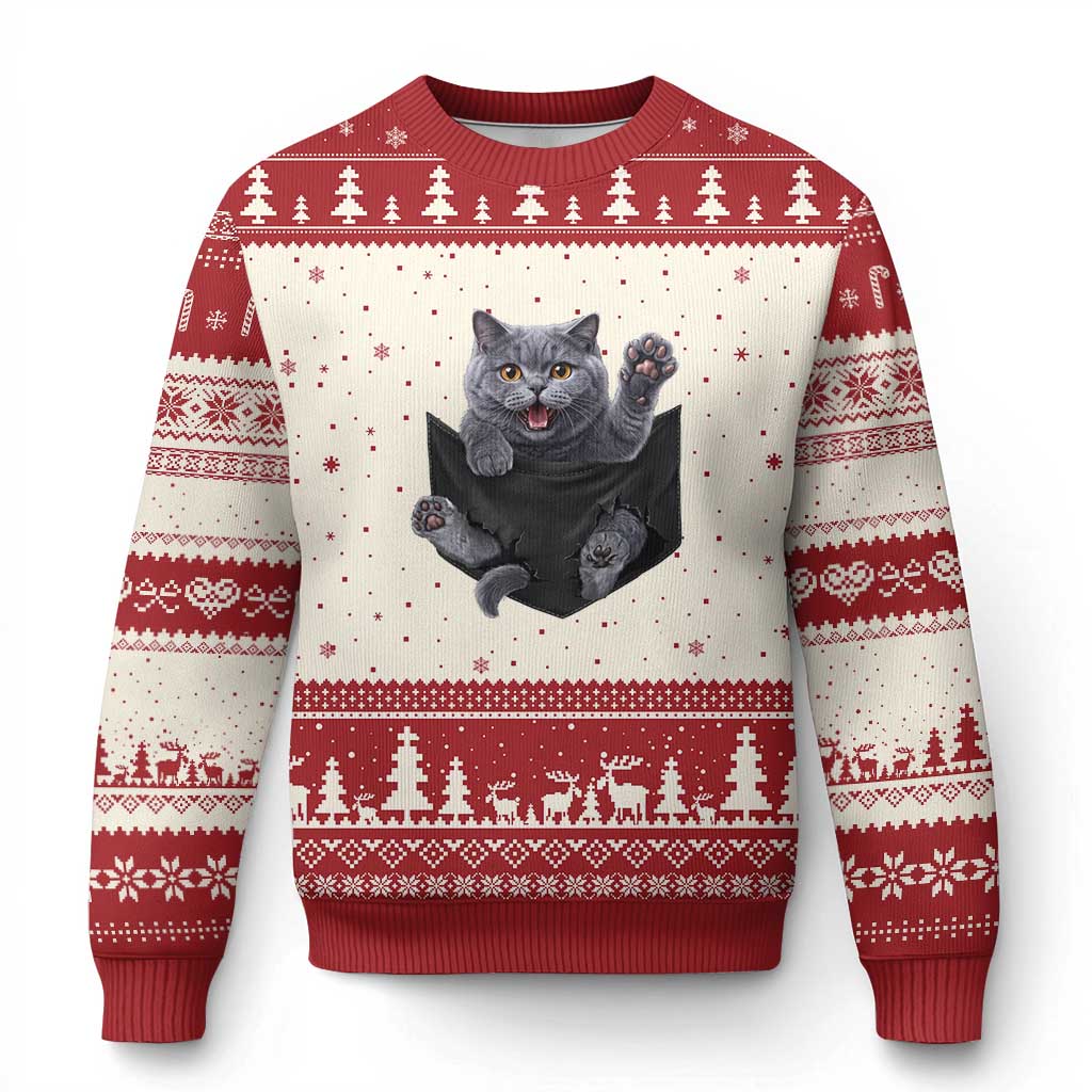 Cute British Shorthair Cat In Pocket Ugly Christmas Sweater Cat Lover TS12 Beige Red Print Your Wear