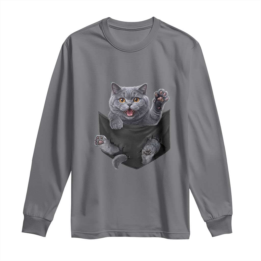 Cute British Shorthair Cat In Pocket Long Sleeve Shirt Cat Lover TS12 Charcoal Print Your Wear