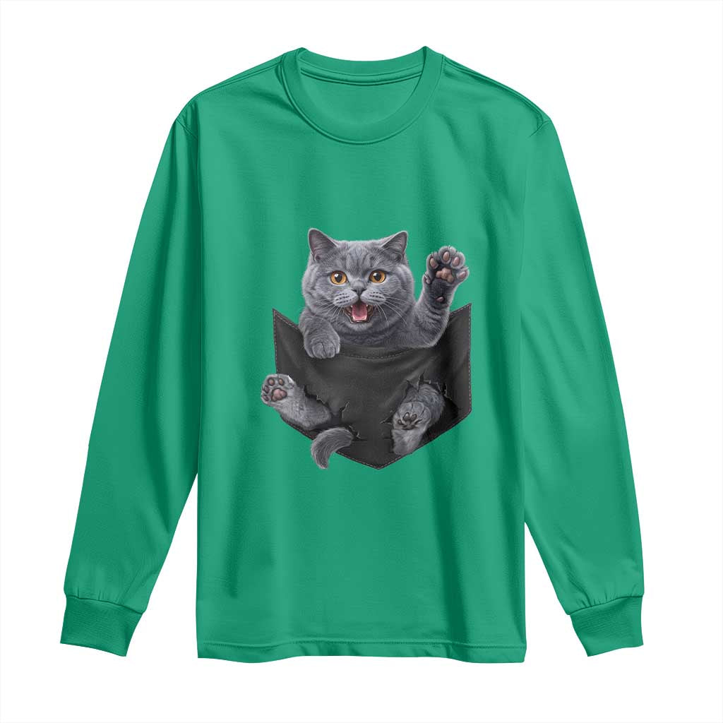 Cute British Shorthair Cat In Pocket Long Sleeve Shirt Cat Lover TS12 Irish Green Print Your Wear