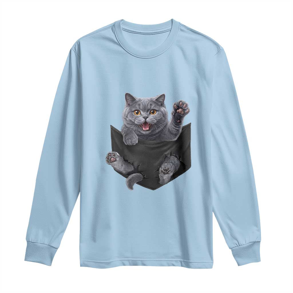 Cute British Shorthair Cat In Pocket Long Sleeve Shirt Cat Lover TS12 Light Blue Print Your Wear