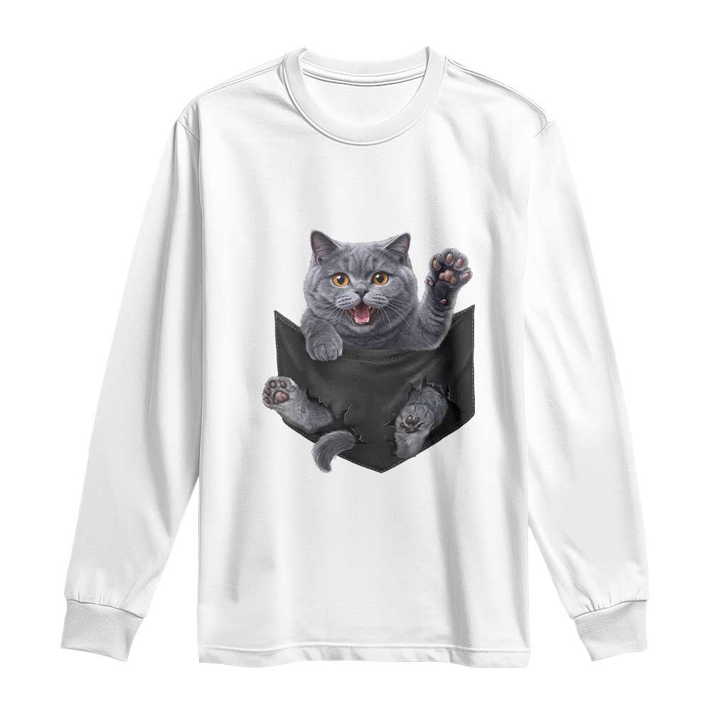Cute British Shorthair Cat In Pocket Long Sleeve Shirt Cat Lover TS12 White Print Your Wear